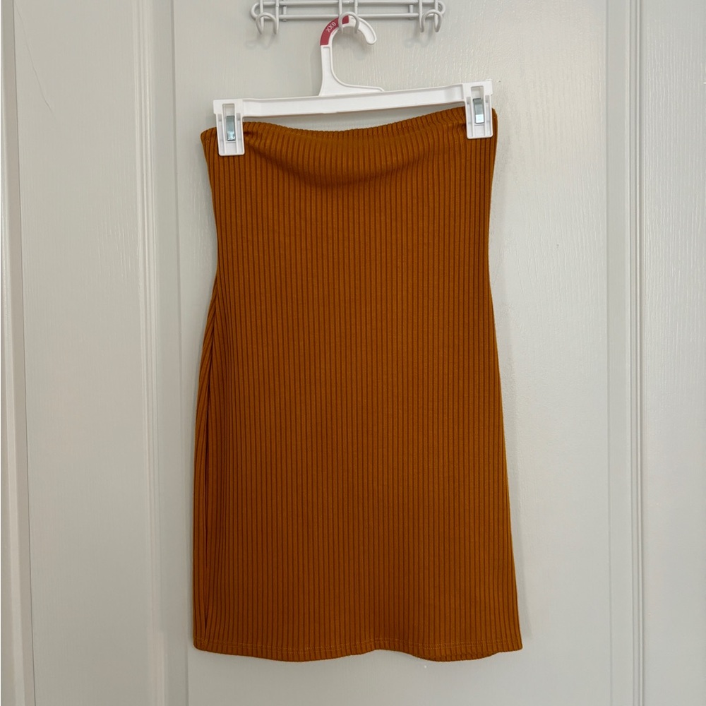Mustard Yellow Strapless Ribbed Dress